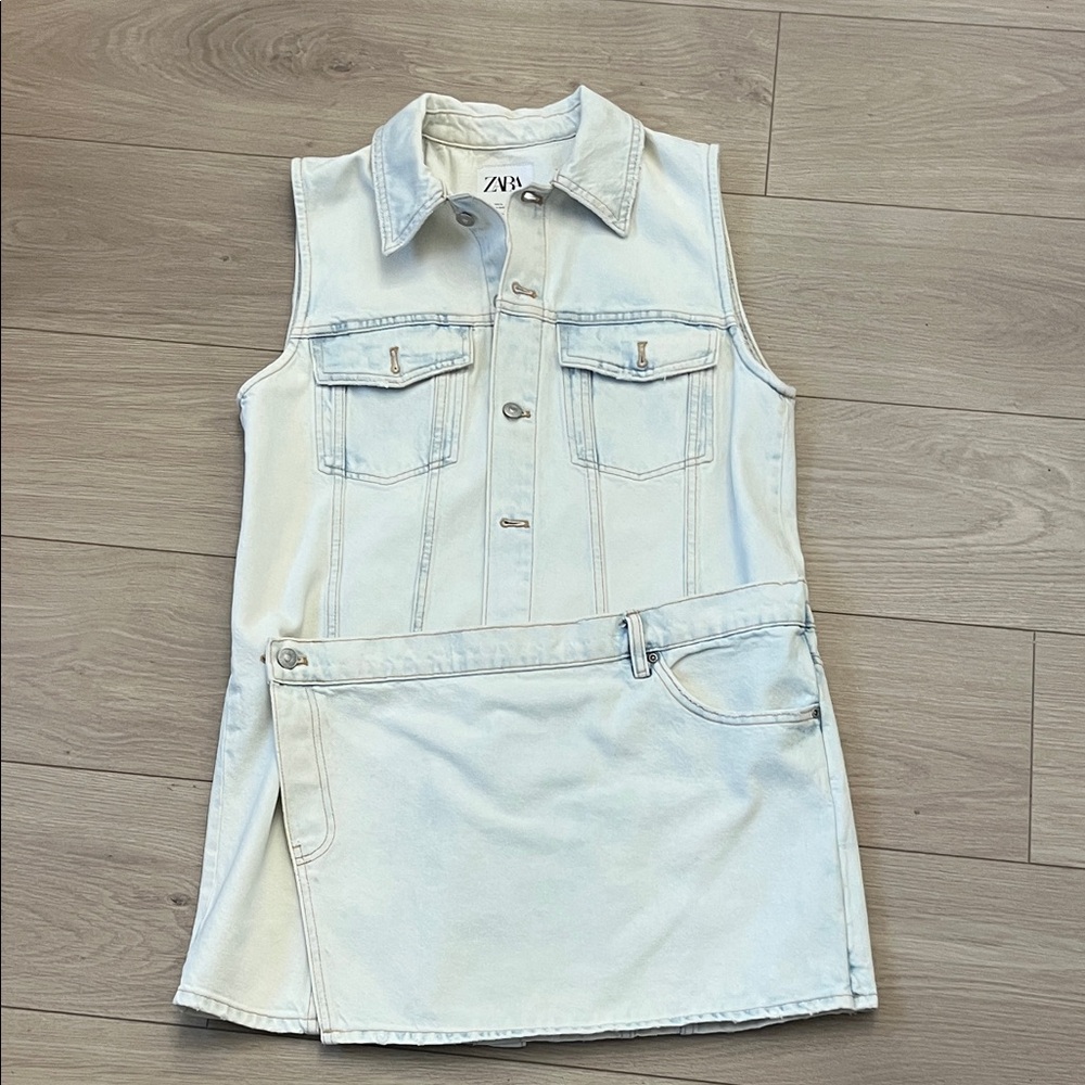 Zara Pale Denim Sleeveless Button-Front Dress